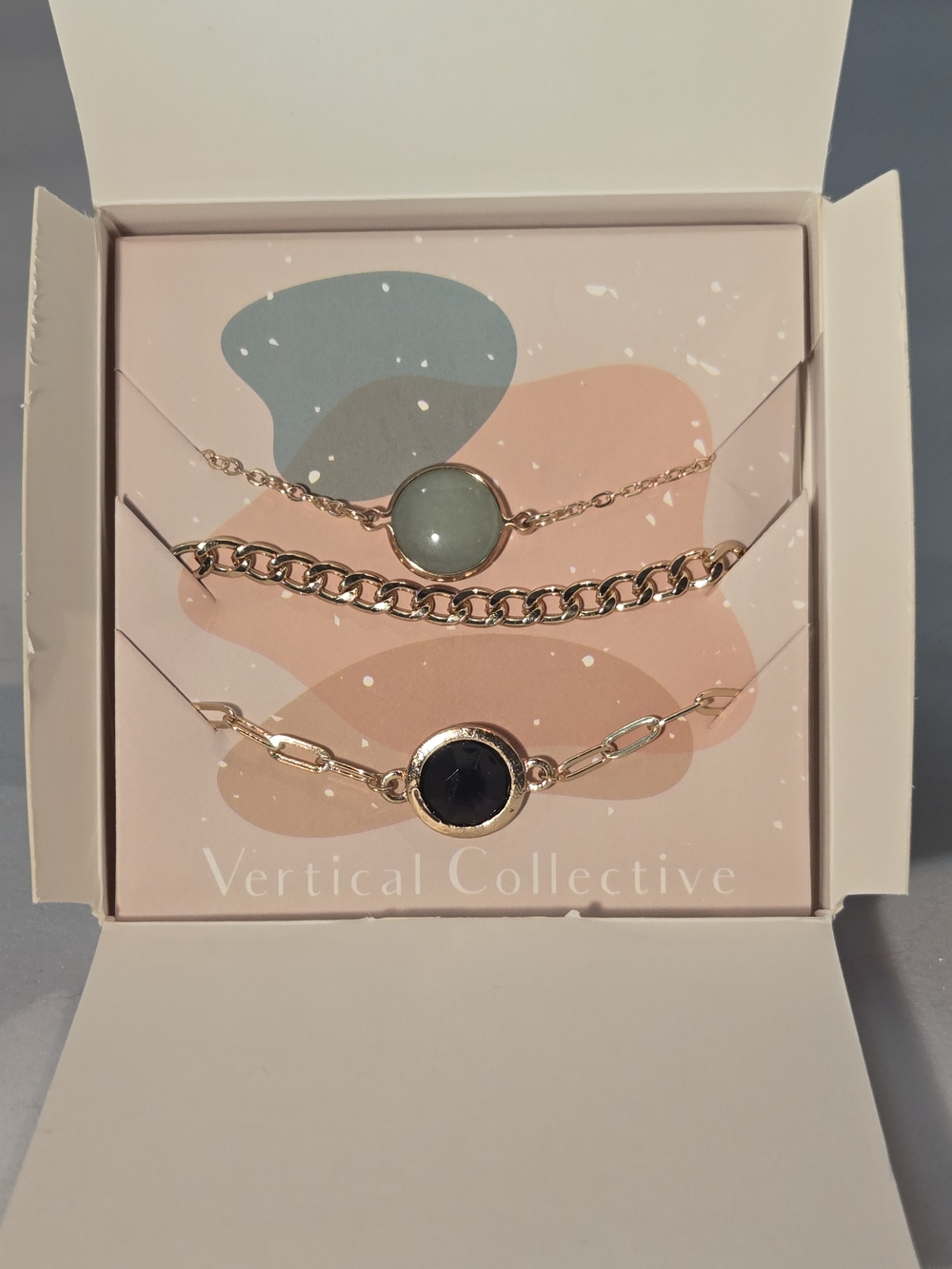 Rose Gold Bracelet Set with Green and Black Stones